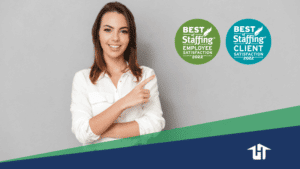 Woman pointing to Best of Staffing Awards